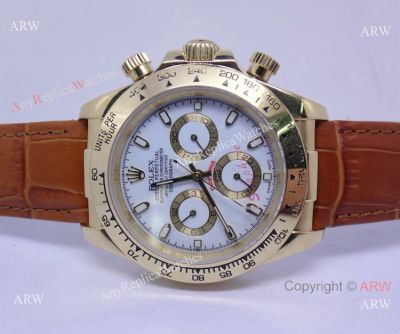 Rolex Daytona White Face Gold Case Brown Leather Band Replica Watch